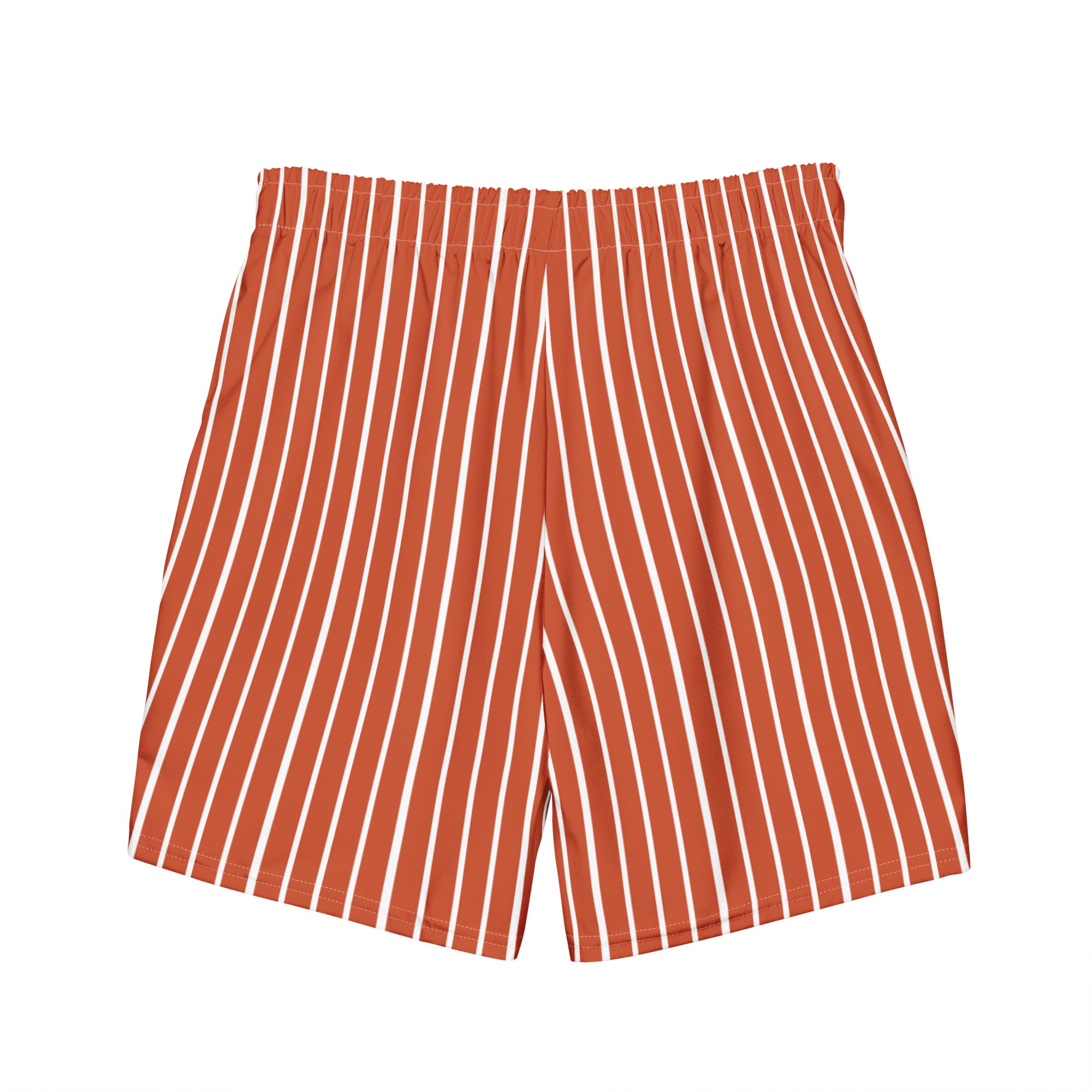 Back view of Le Rayé striped swimming shorts in terracotta