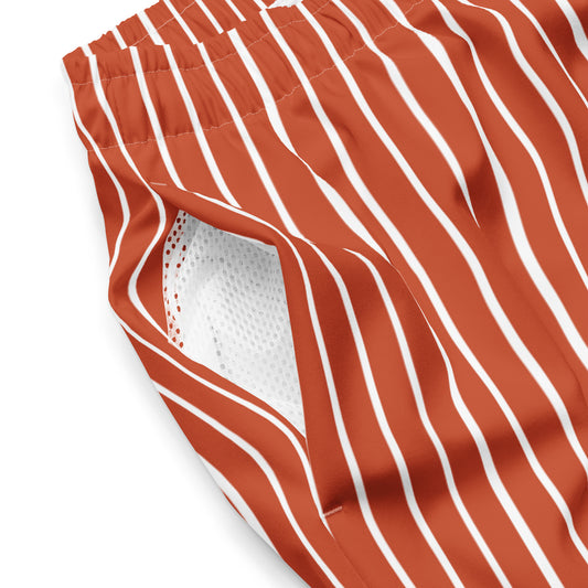 Close up of Le Rayé striped swimming shorts in terracotta