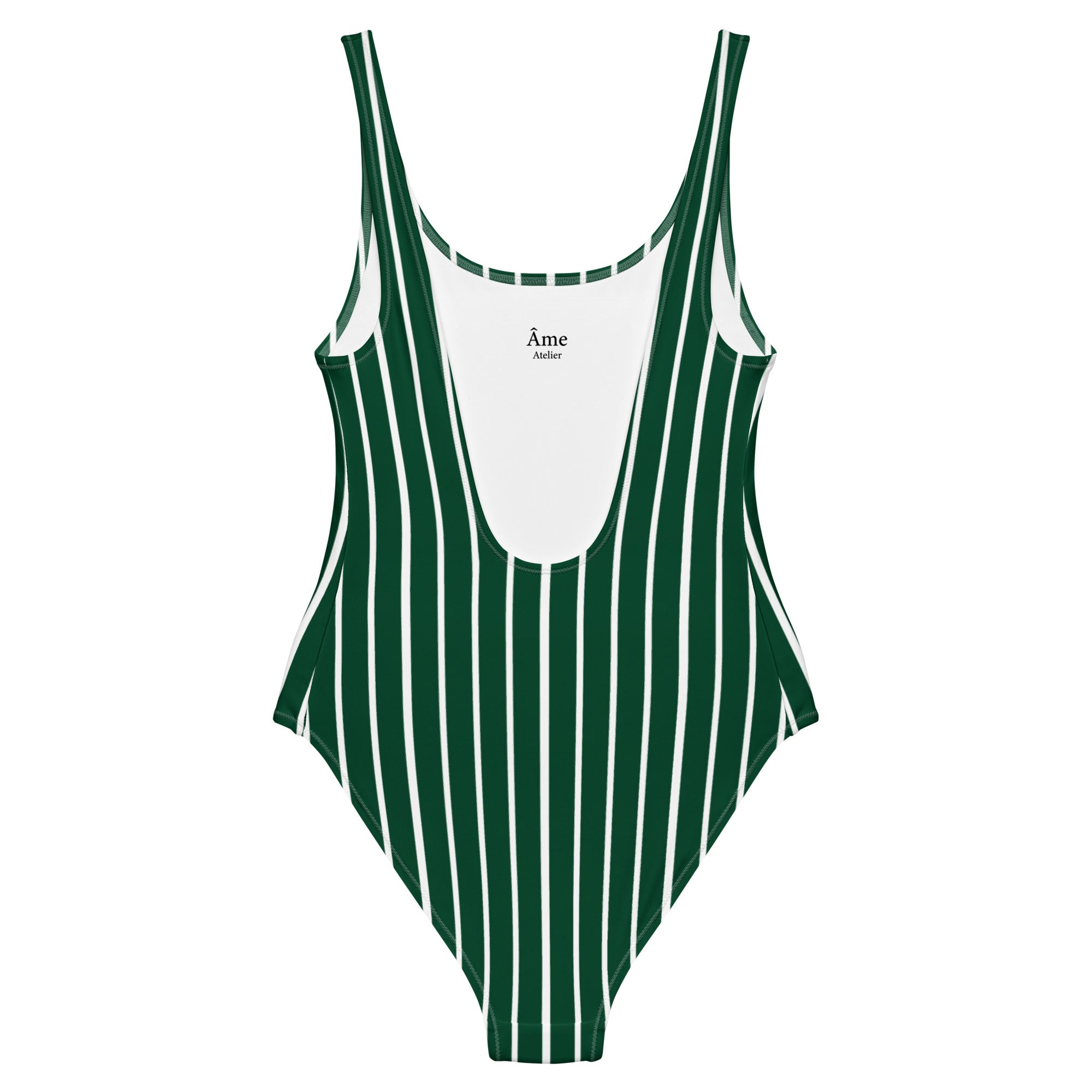 Back view of Le Rayé striped swimsuit in abyss green