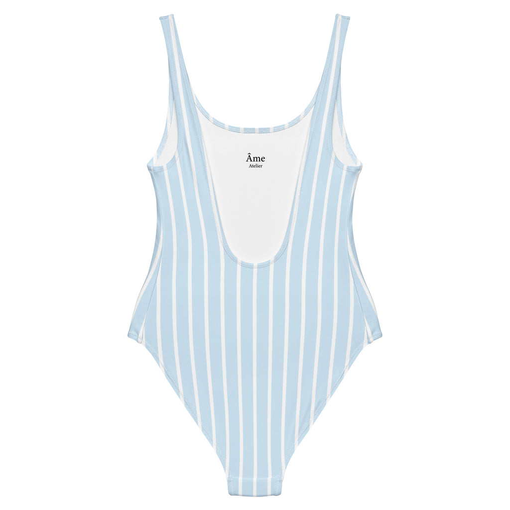 Back view of Le Rayé striped swimsuit in frozen blue