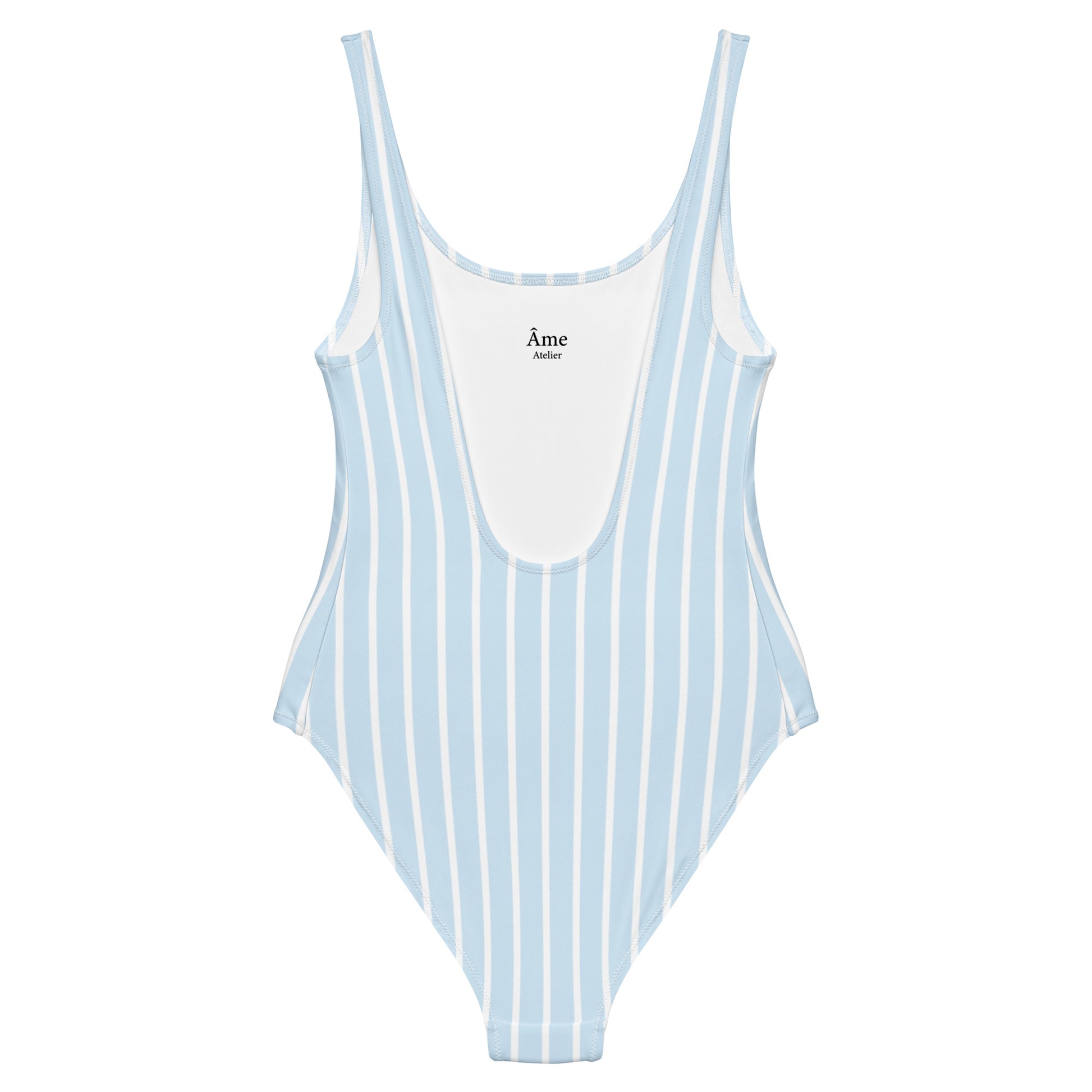 Back view of Le Rayé striped swimsuit in frozen blue