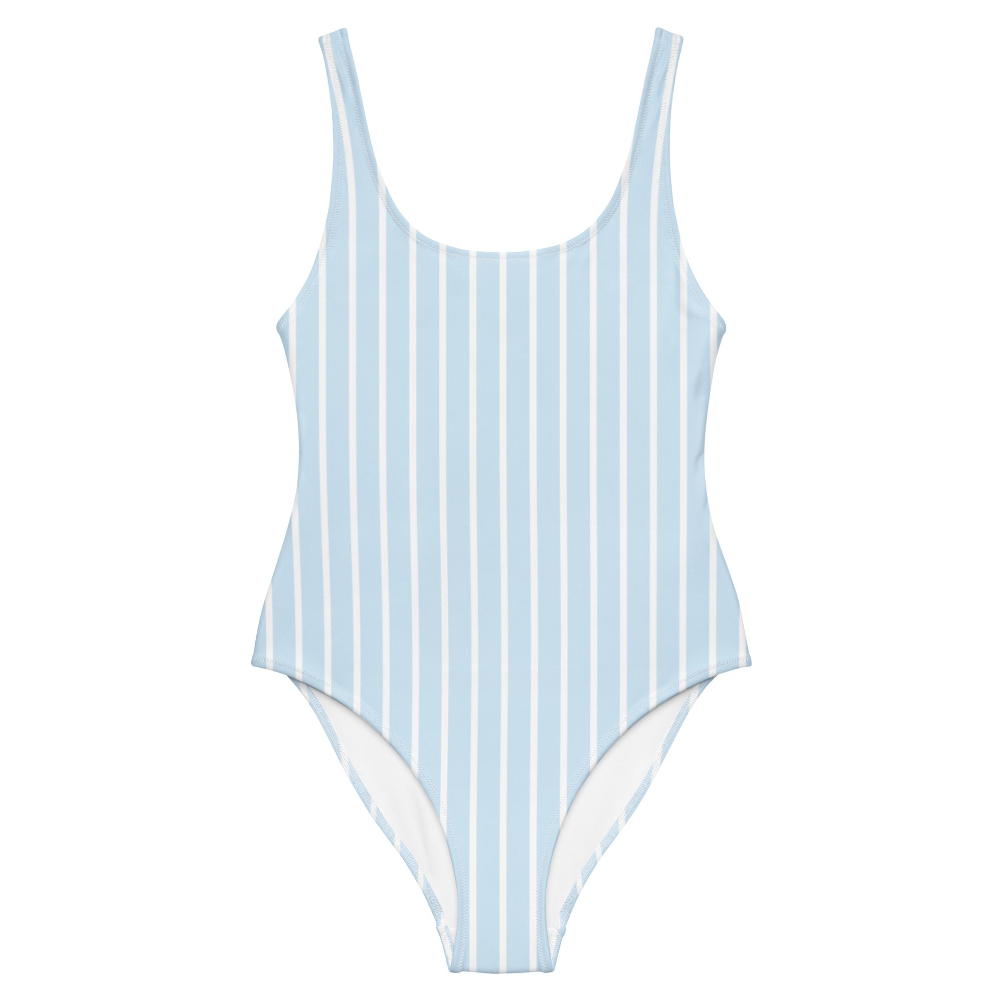 Front view of Le Rayé striped swimsuit in frozen blue