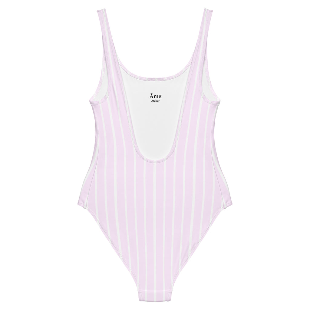 Back view of Le Rayé striped swimsuit in powder pink