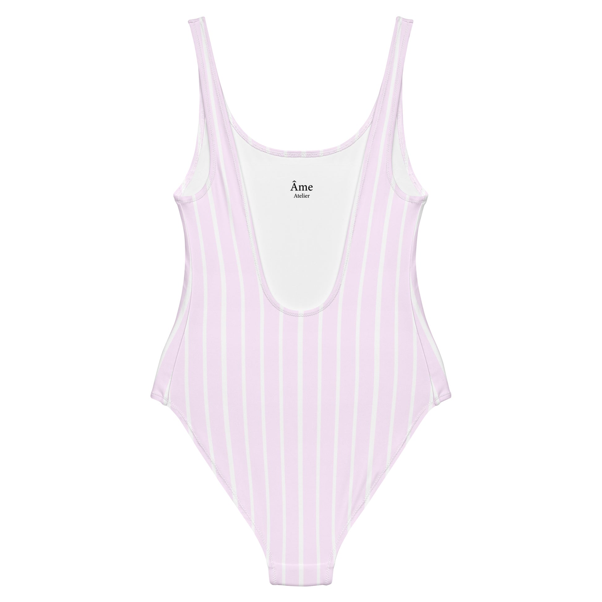 Back view of Le Rayé striped swimsuit in powder pink