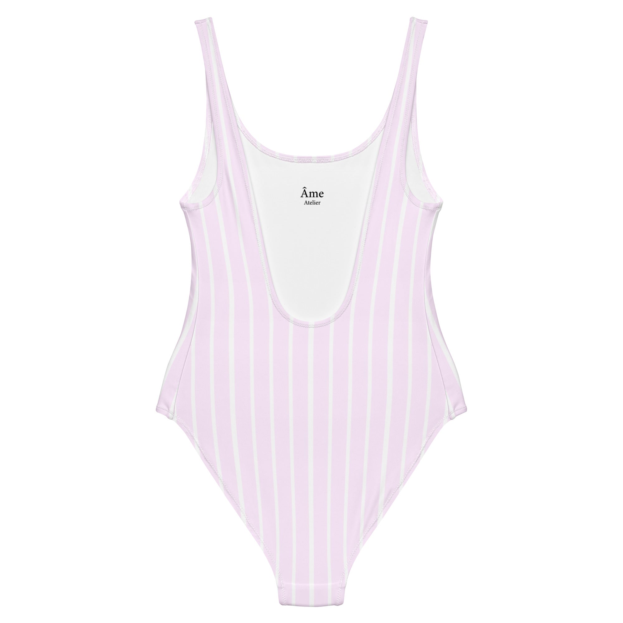Back view of Le Rayé striped swimsuit in powder pink