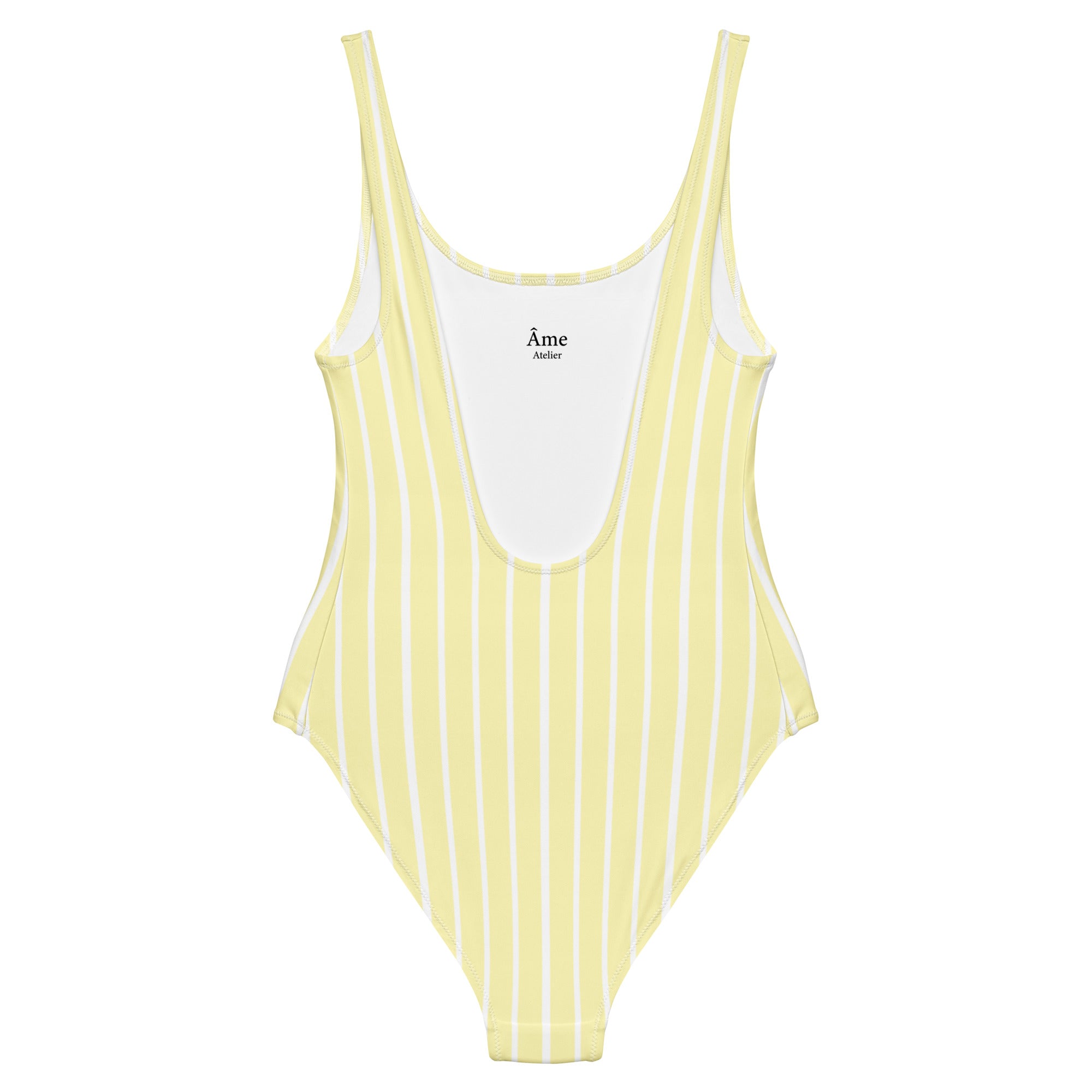 Back view of Le Rayé striped swimsuit in soft yellow