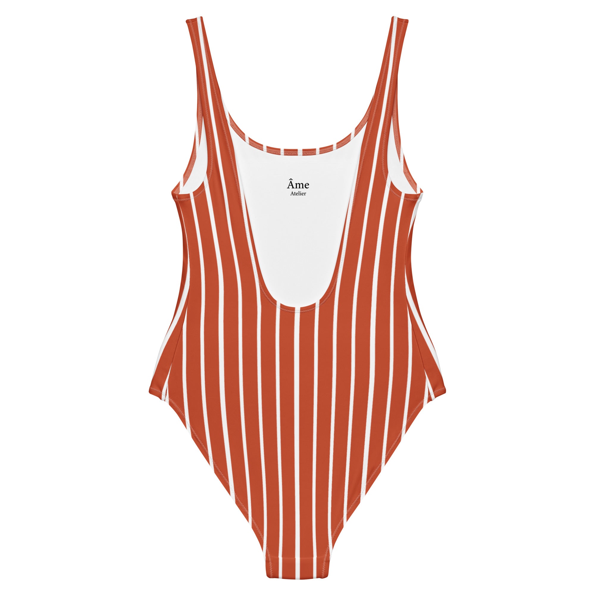 Back view of Le Rayé striped swimsuit in terracotta