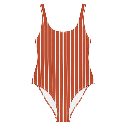Front view of Le Rayé striped swimsuit in terracotta