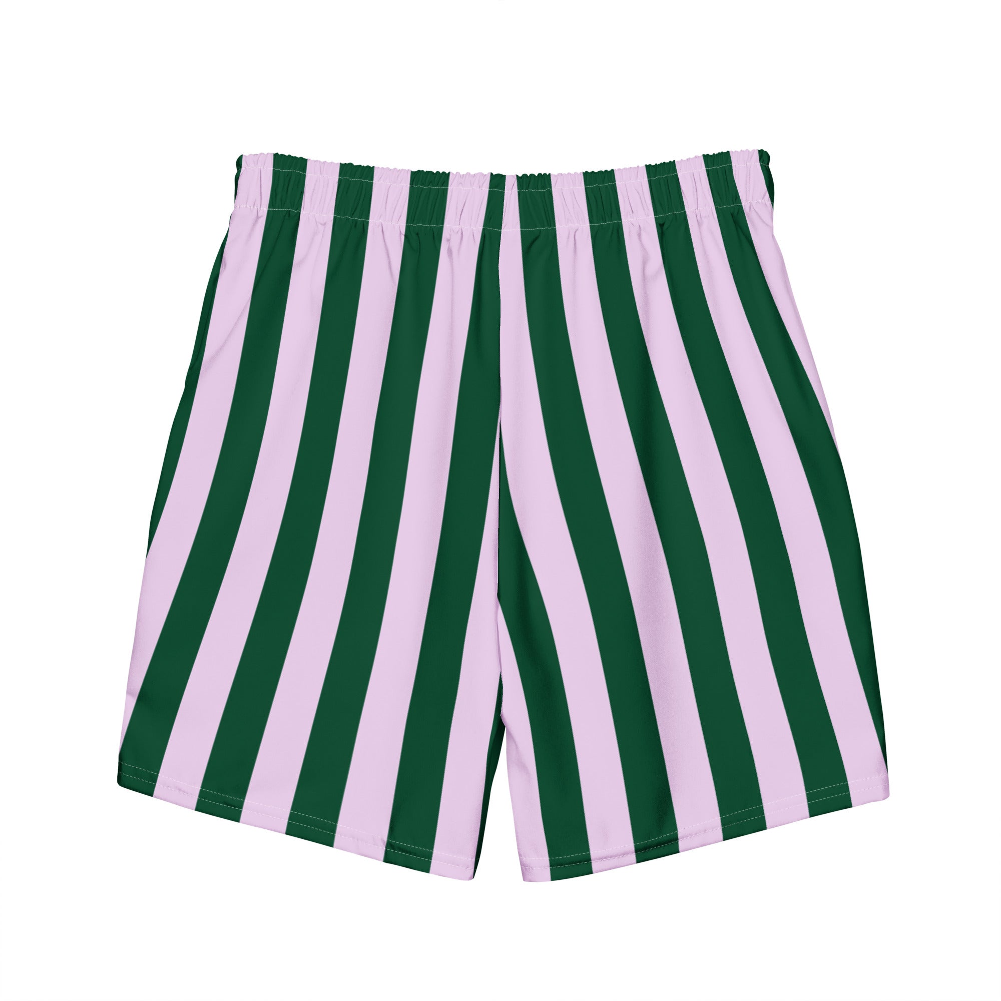 Back view of Le Vibrant striped swimming shorts in abyss green and powder pink