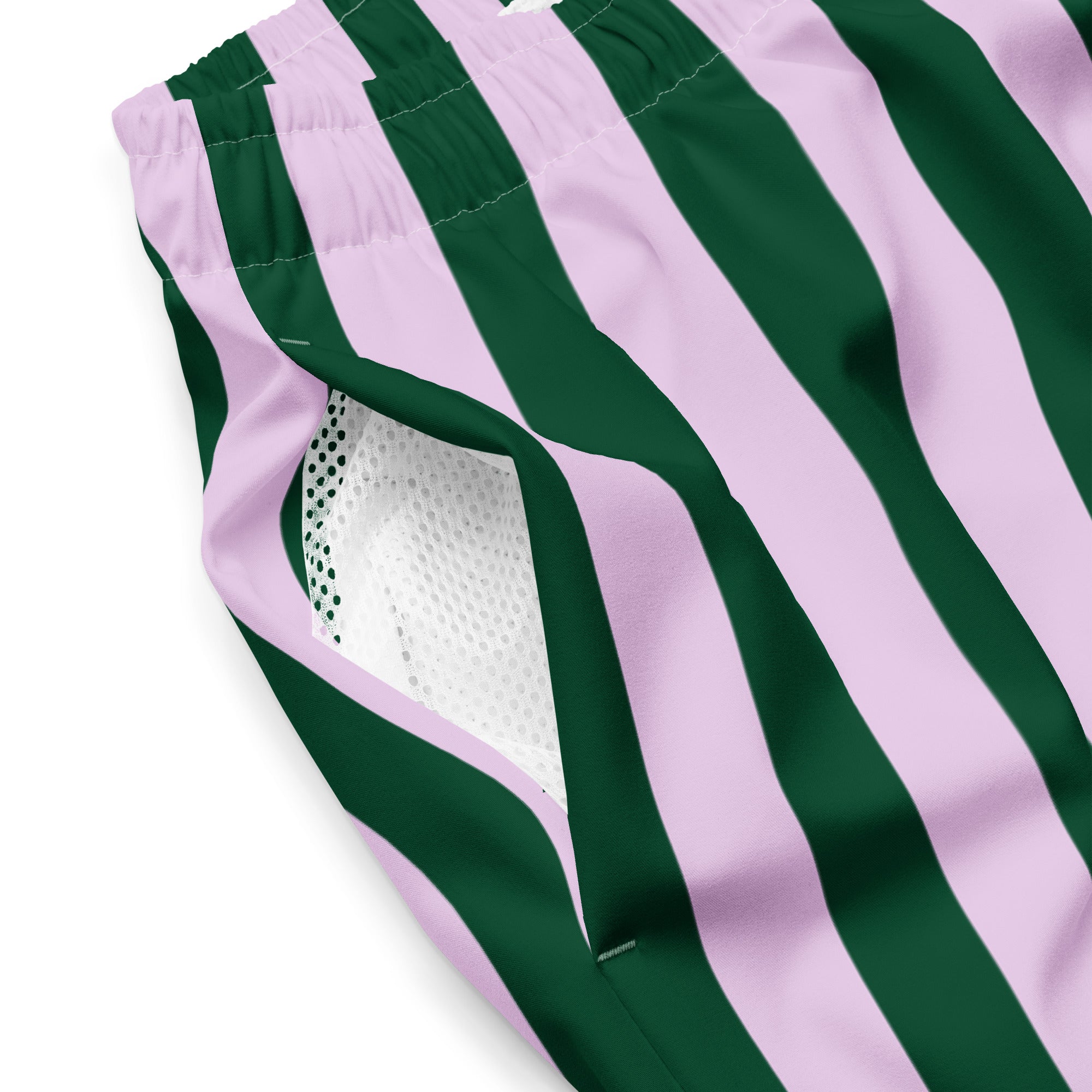 Close up of Le Vibrant striped swimming shorts in abyss green and powder pink