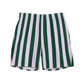 Front view of Le Vibrant striped swimming shorts in abyss green and powder pink