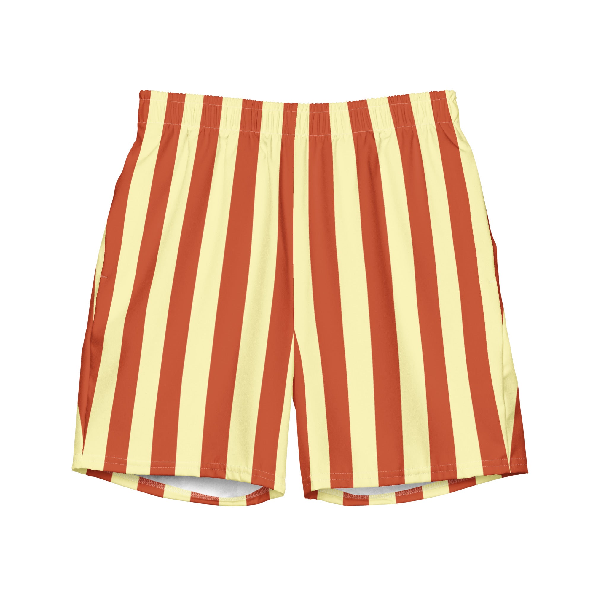 Front view of Le Vibrant striped swimming shorts in terracotta and soft yellow