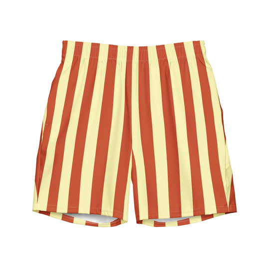 Front view of Le Vibrant striped swimming shorts in terracotta and soft yellow