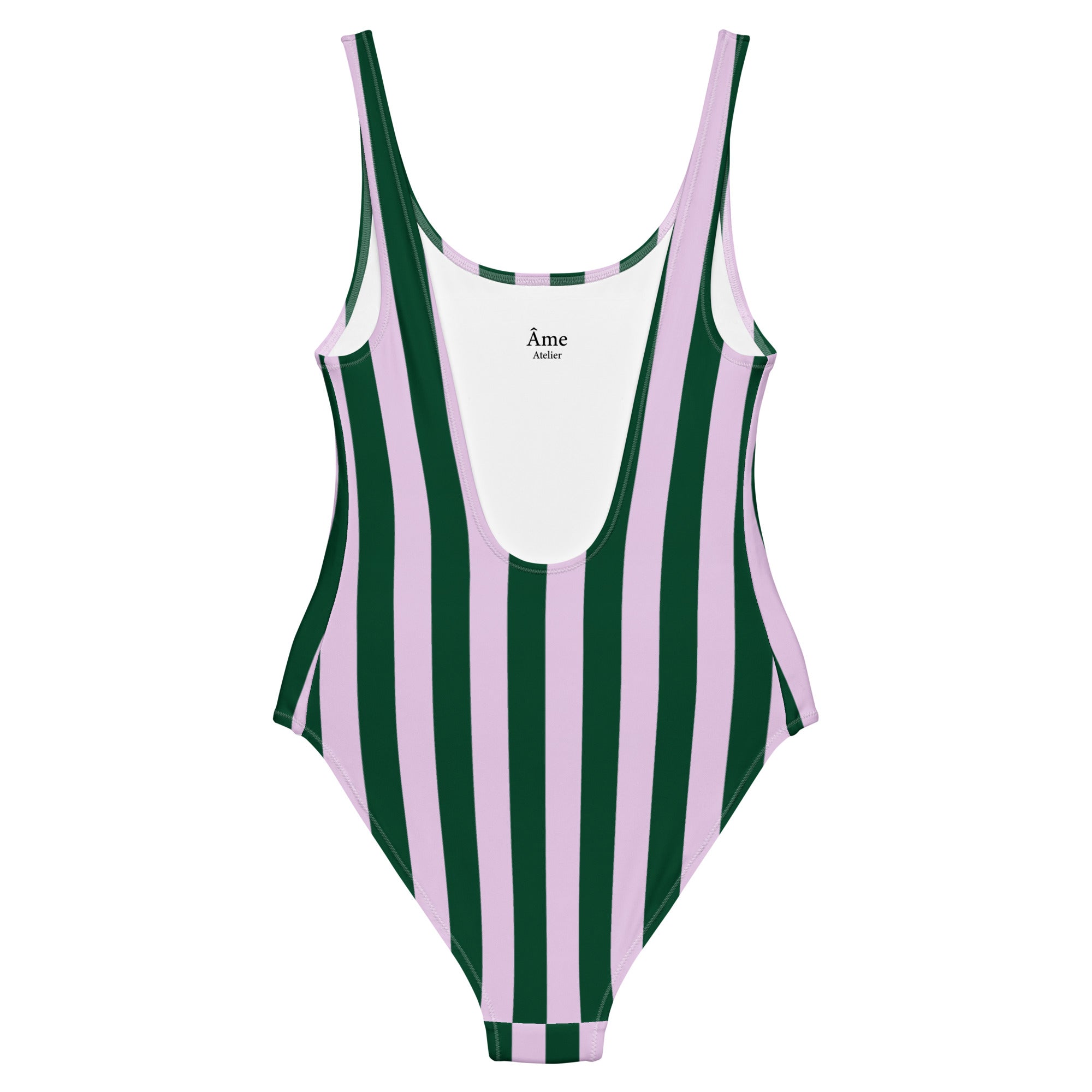 Back view of Le vibrant striped swimsuit in abyss green and powder pink