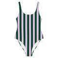 Front view of Le Vibrant striped swimsuit in abyss green and powder pink