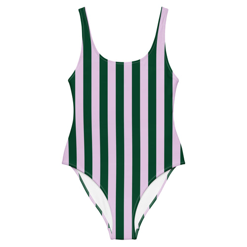 Front view of Le Vibrant striped swimsuit in abyss green and powder pink