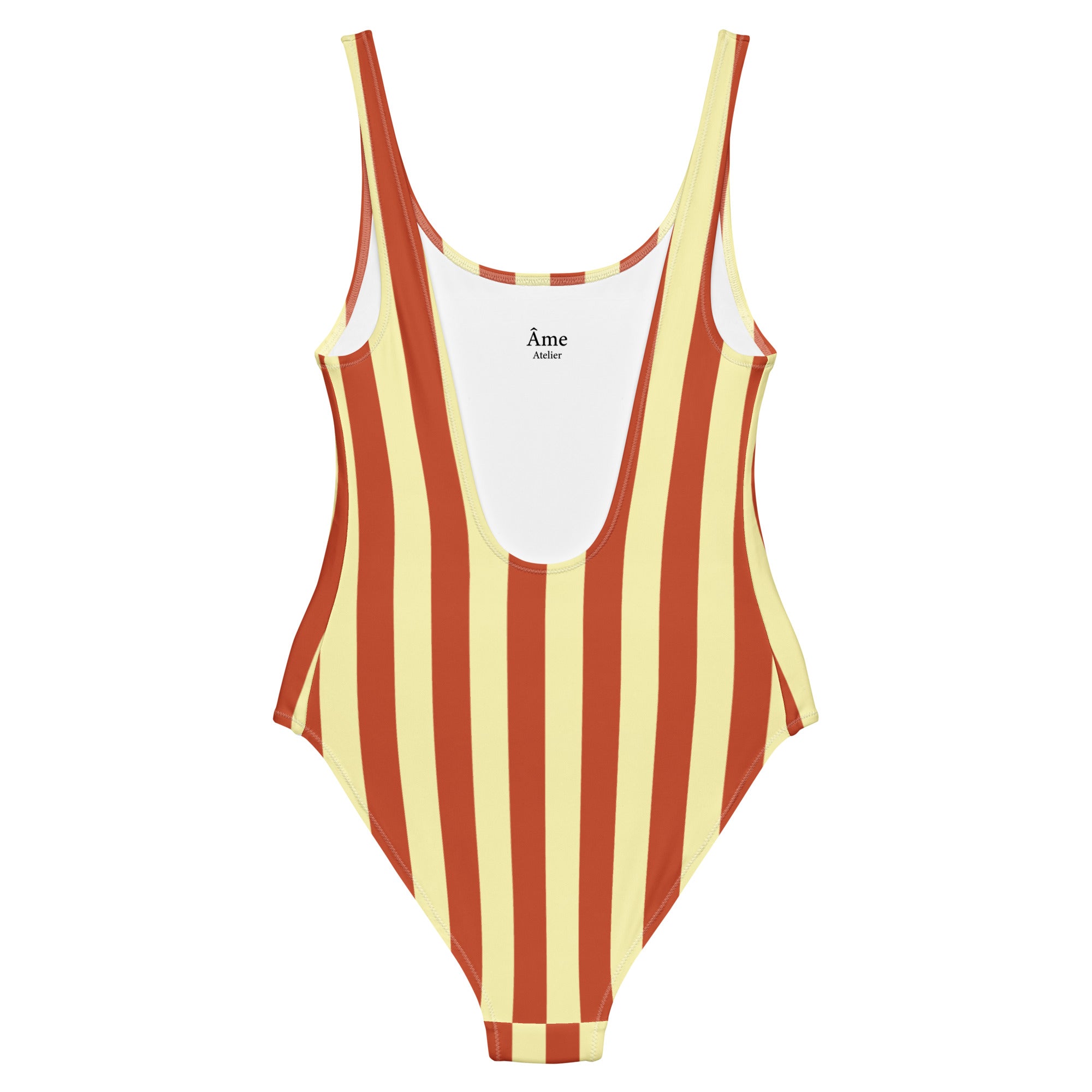 Back view of Le Vibrant striped swimsuit in terracotta and butter yellow