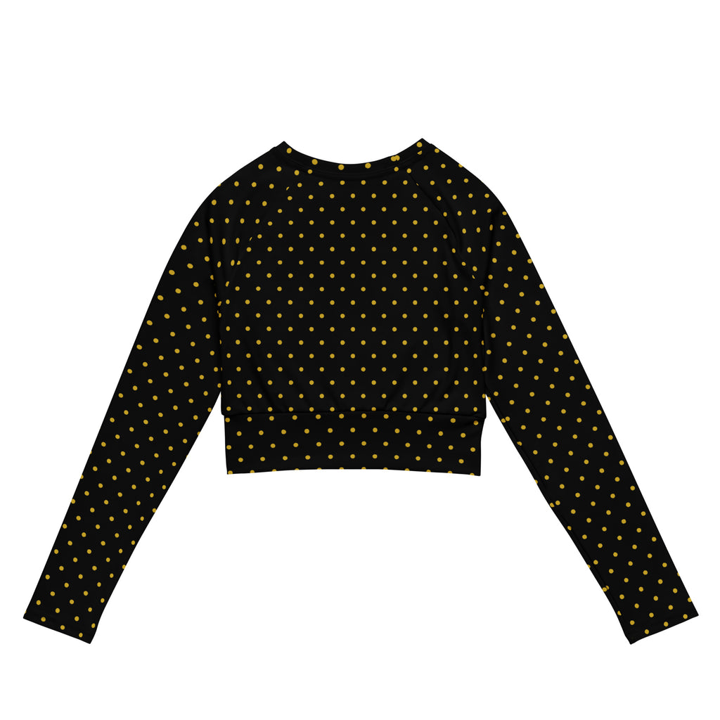 Back view of Les Pois recycled polyester crop top in black with yellow polka dots printed