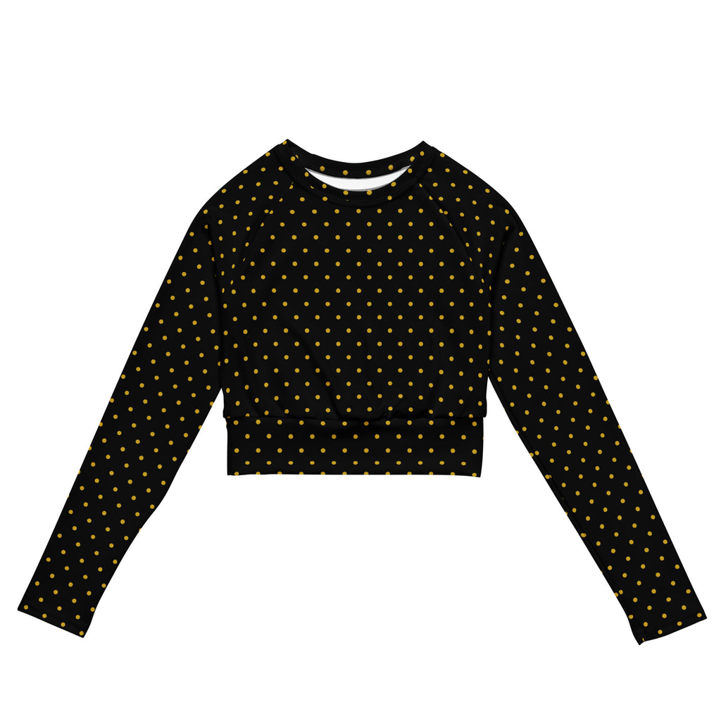 Front view of Les Pois recycled polyester crop top in black with yellow polka dots printed