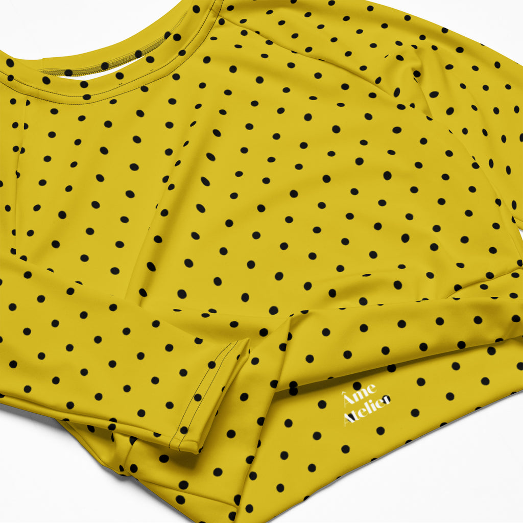 Details of Les Pois recycled polyester crop top in yellow with black polka dots printed