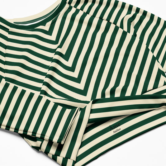 Close up of L'hypnotique striped crop top in abyss green