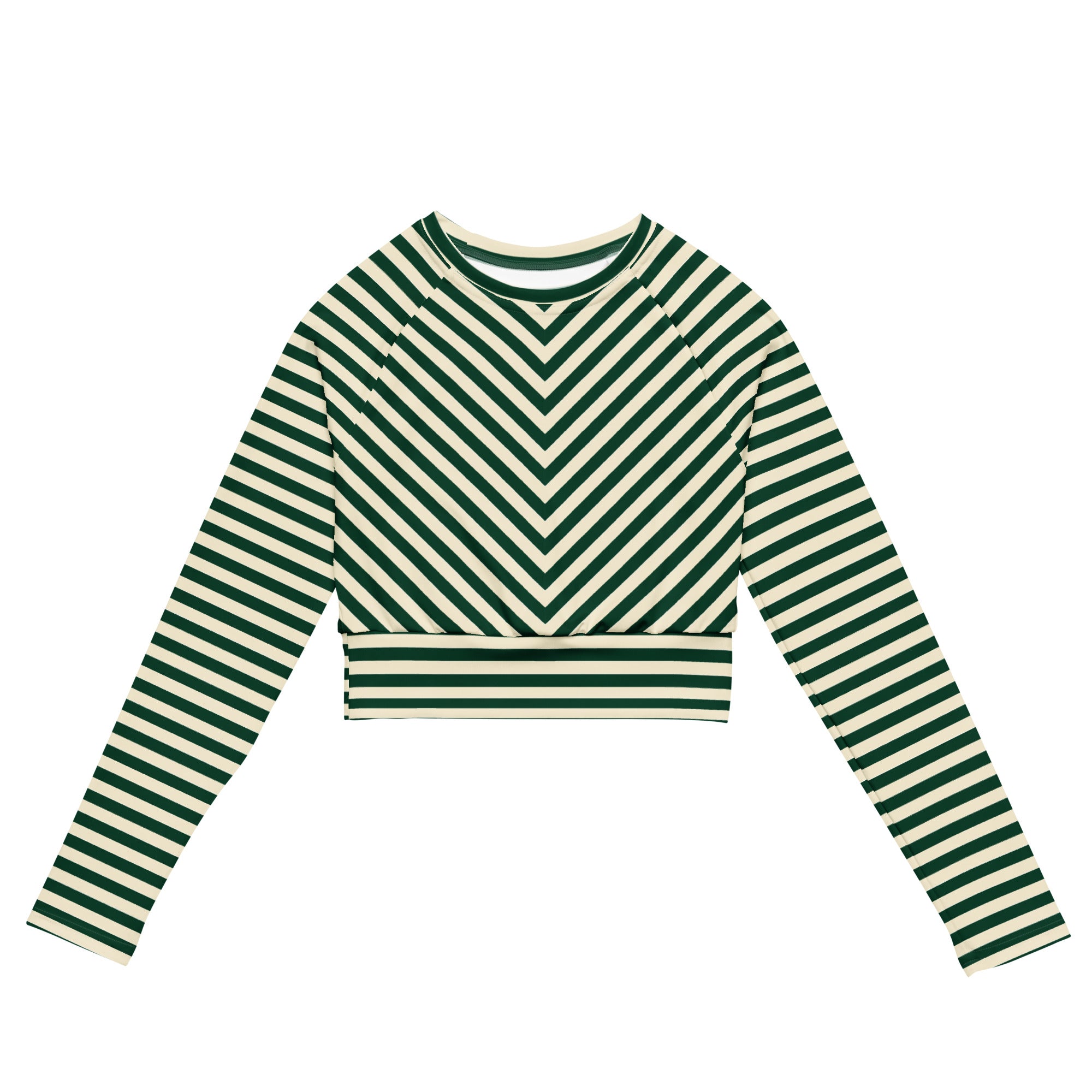 Front view of L'hypnotique striped crop top in abyss green