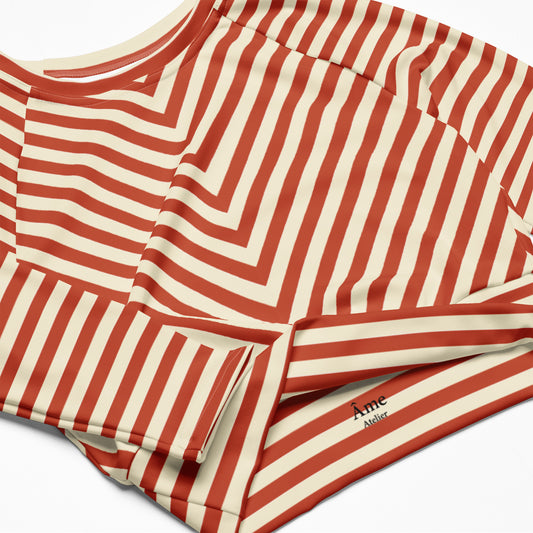 Close up of L'hypnotique striped crop top in terracotta