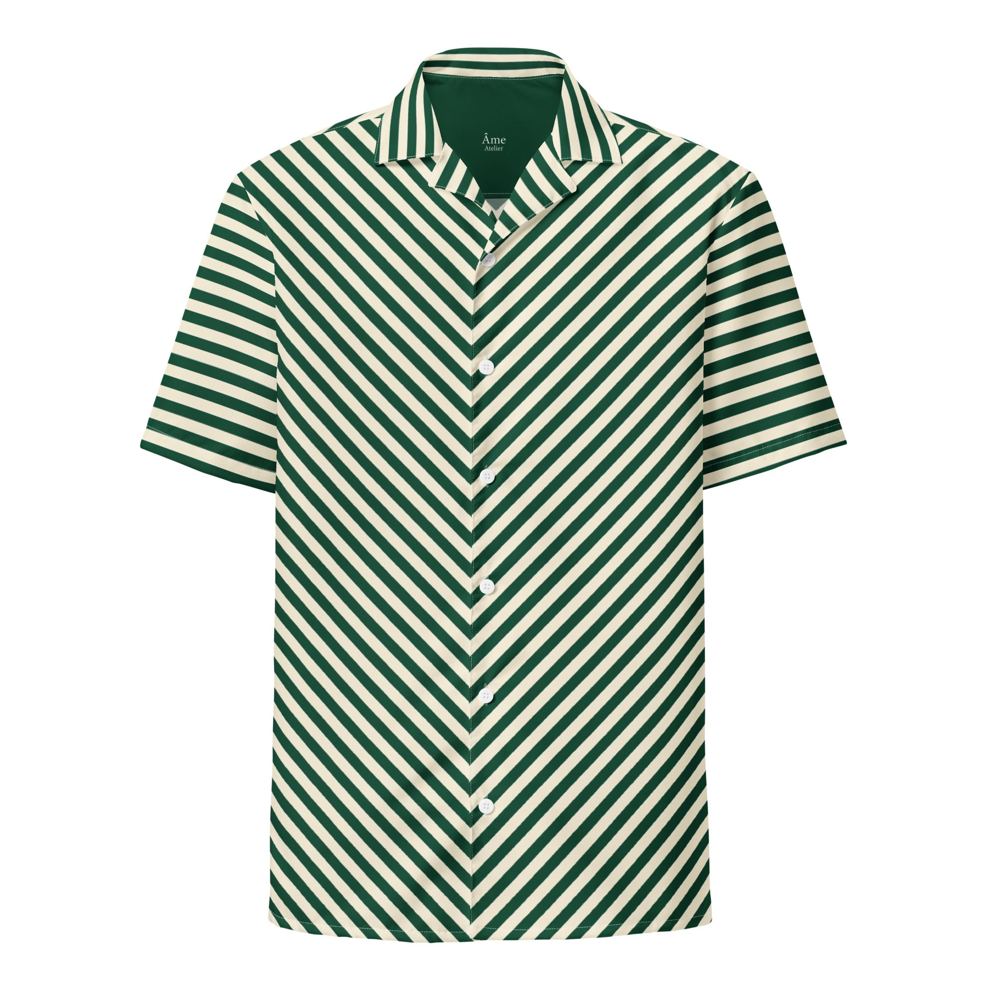 Front view of L'hypnotique striped shirt in abyss green