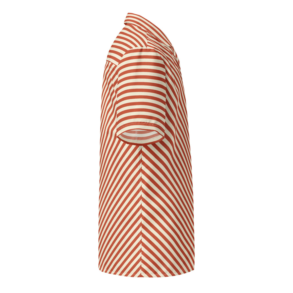 Side view of L'hypnotique striped shirt in terracotta