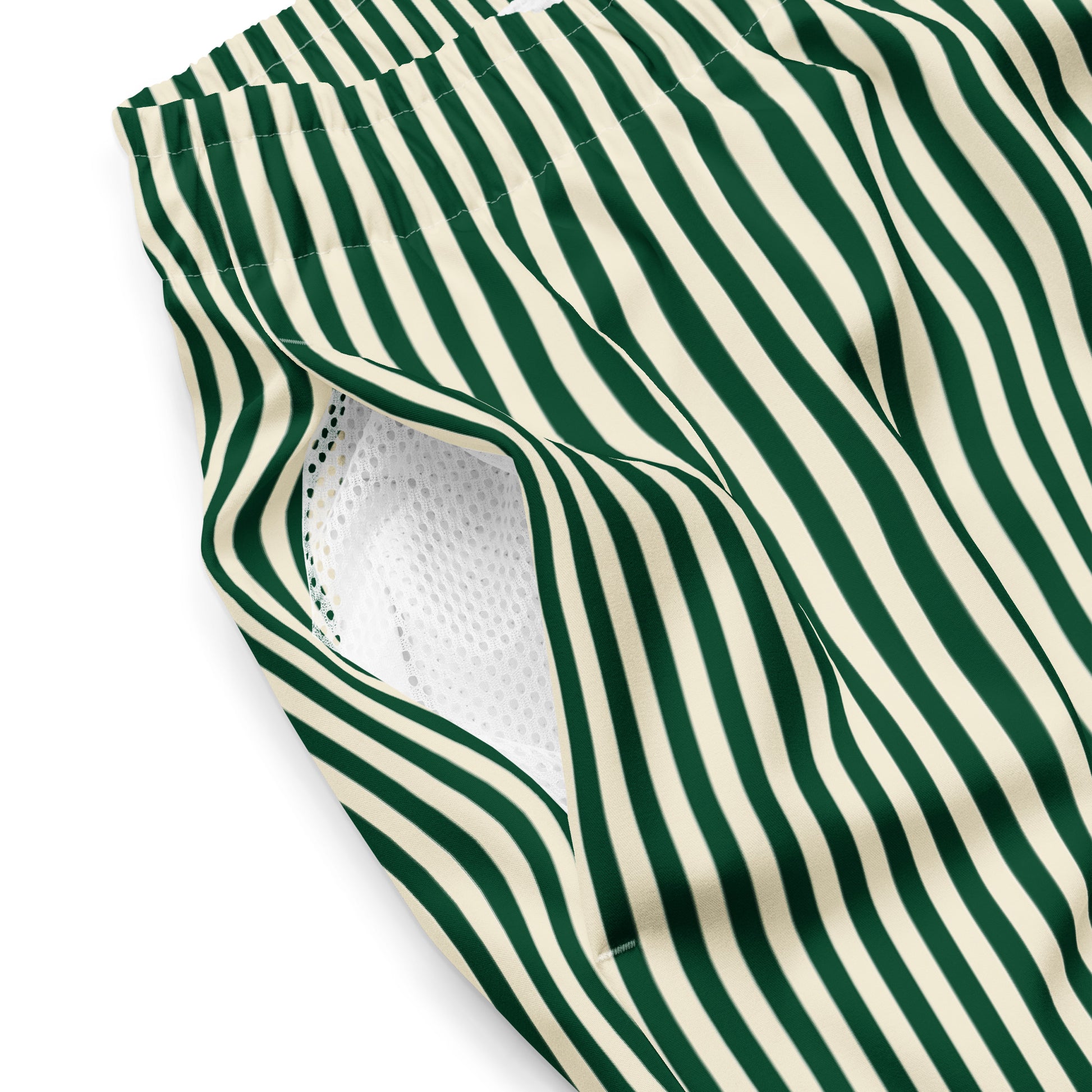 Close up of L'hypnotique striped swimming shorts in abyss green