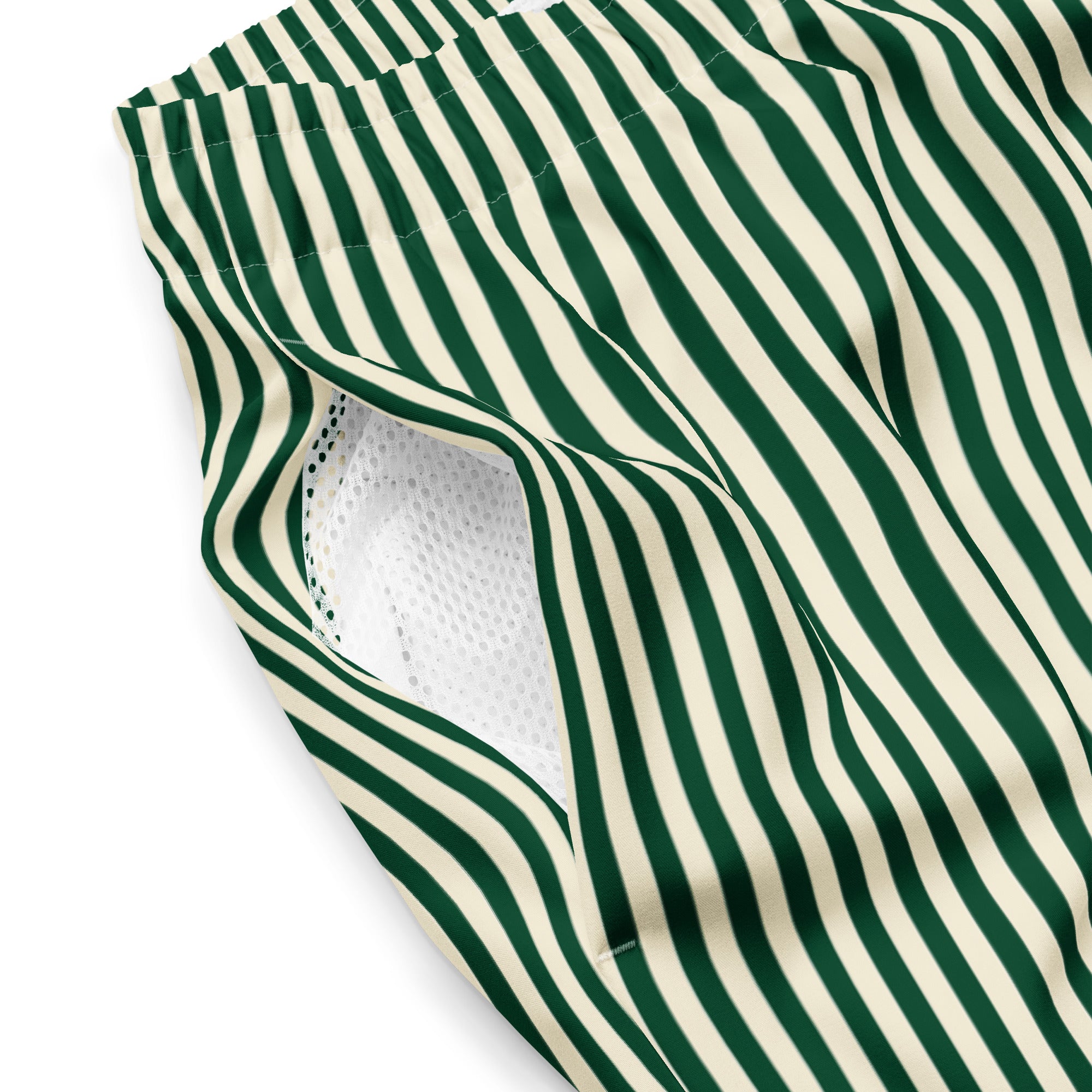 Close up of L'hypnotique striped swimming shorts in abyss green