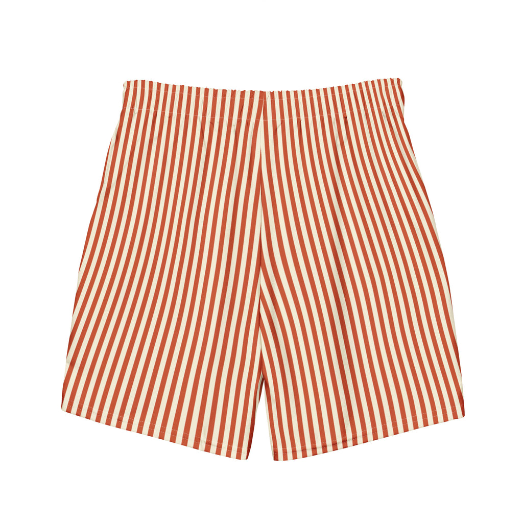 Back view of L'hypnotique striped swimming shorts in terracotta
