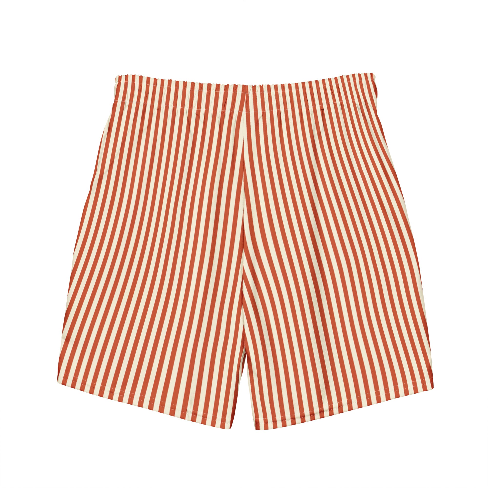 Back view of L'hypnotique striped swimming shorts in terracotta