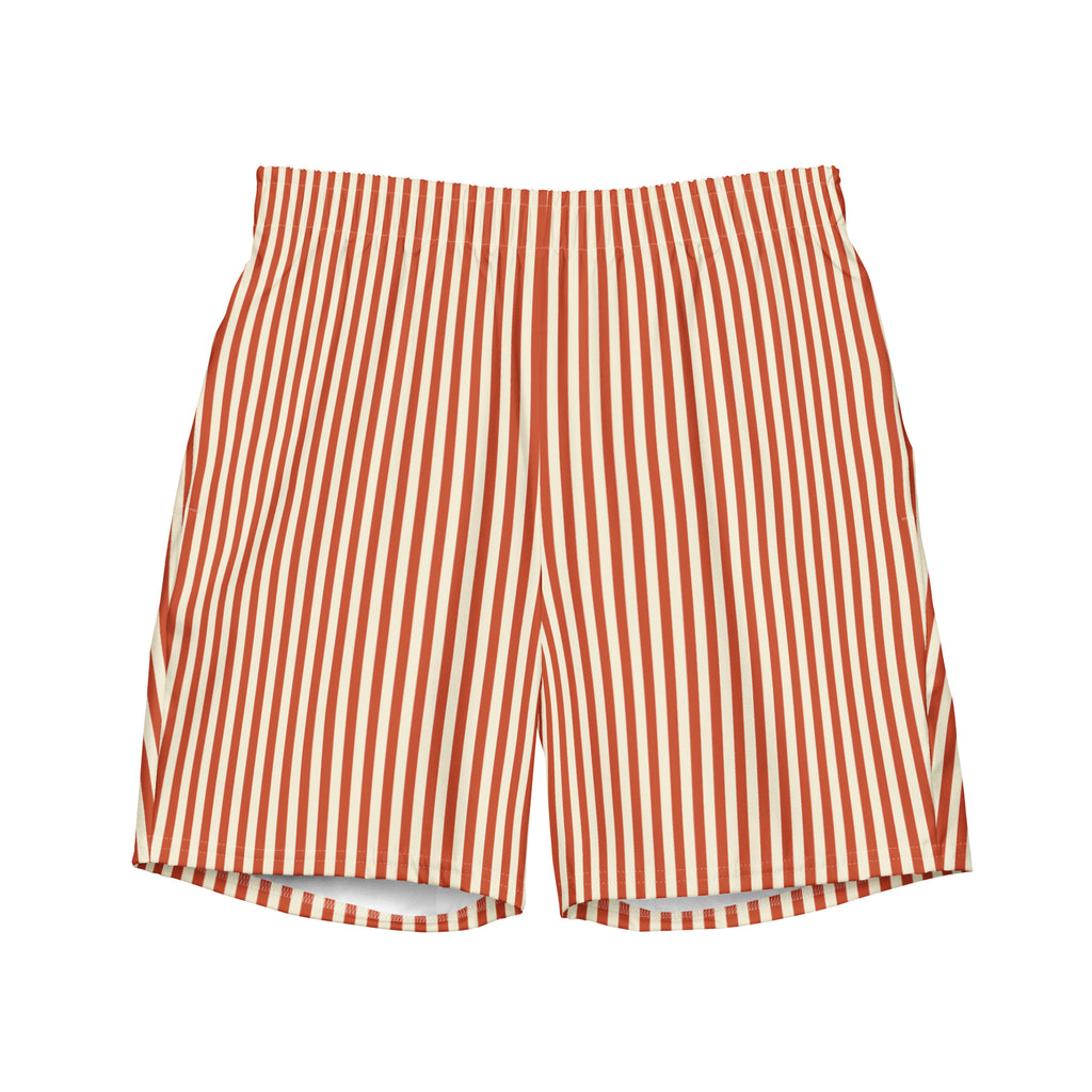 Front view of L'hypnotique striped swimming shorts in terracotta