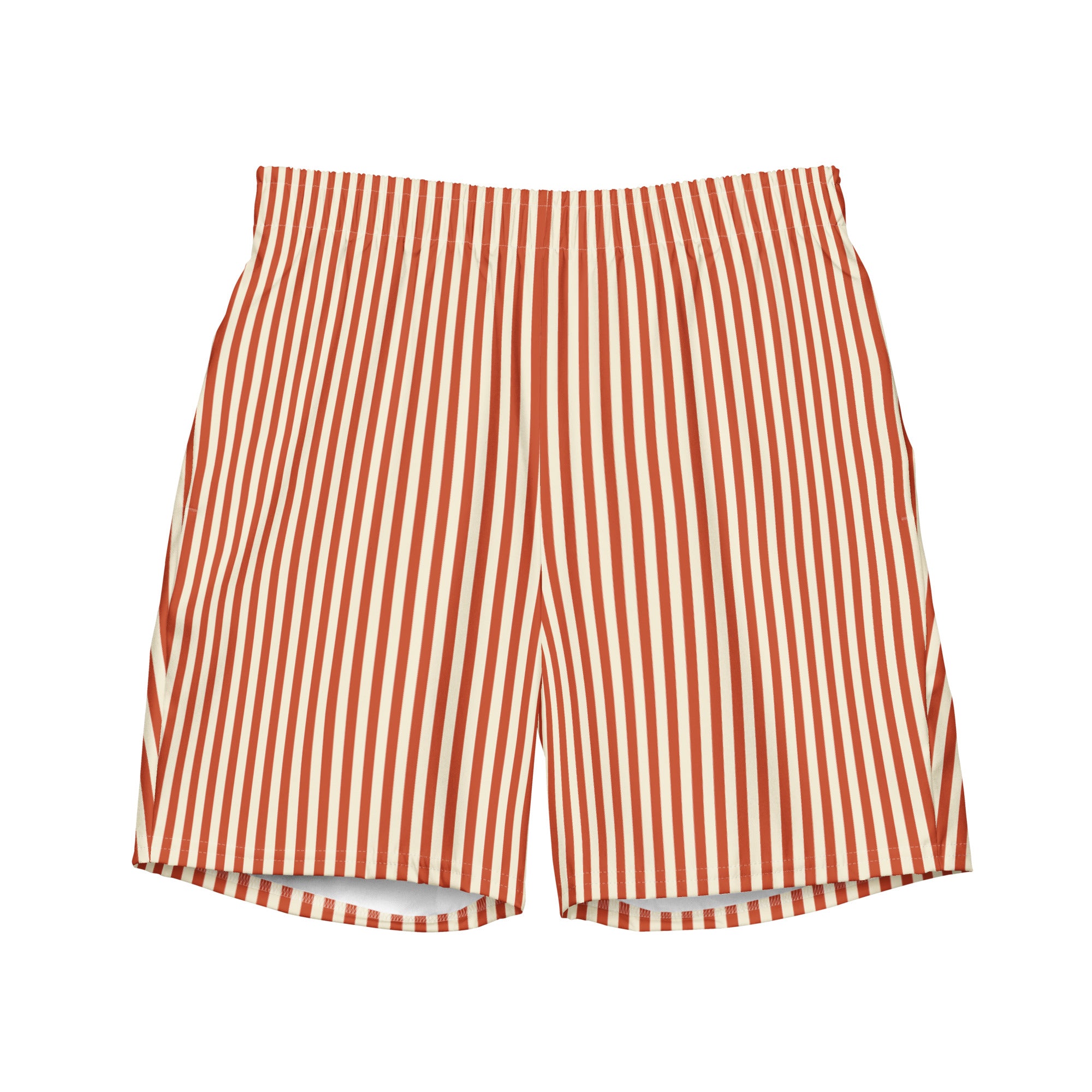 Front view of L'hypnotique striped swimming shorts in terracotta
