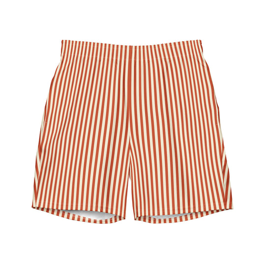Front view of L'hypnotique striped swimming shorts in terracotta