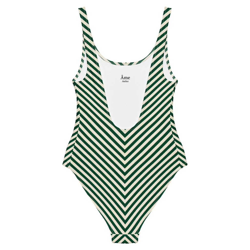 Back view of L'hypnotique striped swimsuit in abyss green