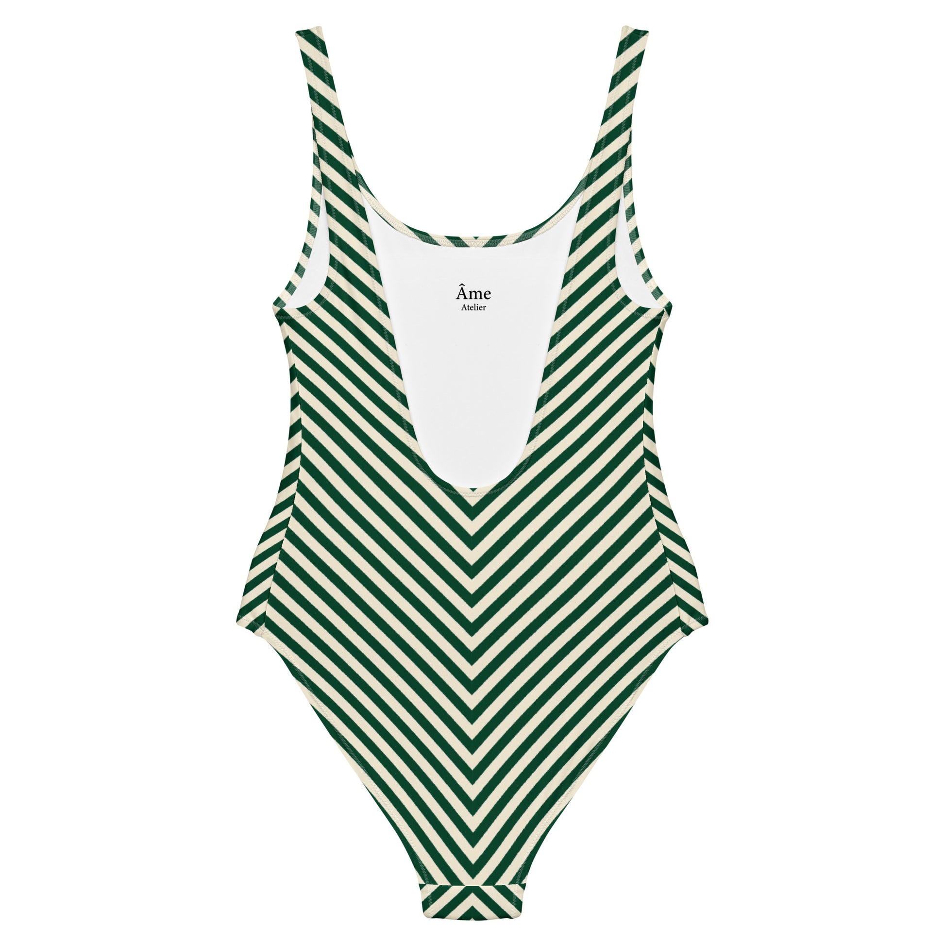 Back view of L'hypnotique striped swimsuit in abyss green