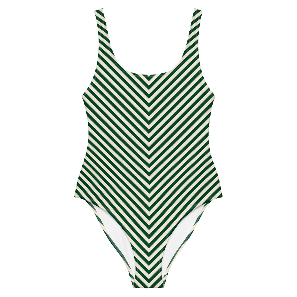 Front view of L'hypnotique striped swimsuit in abyss green