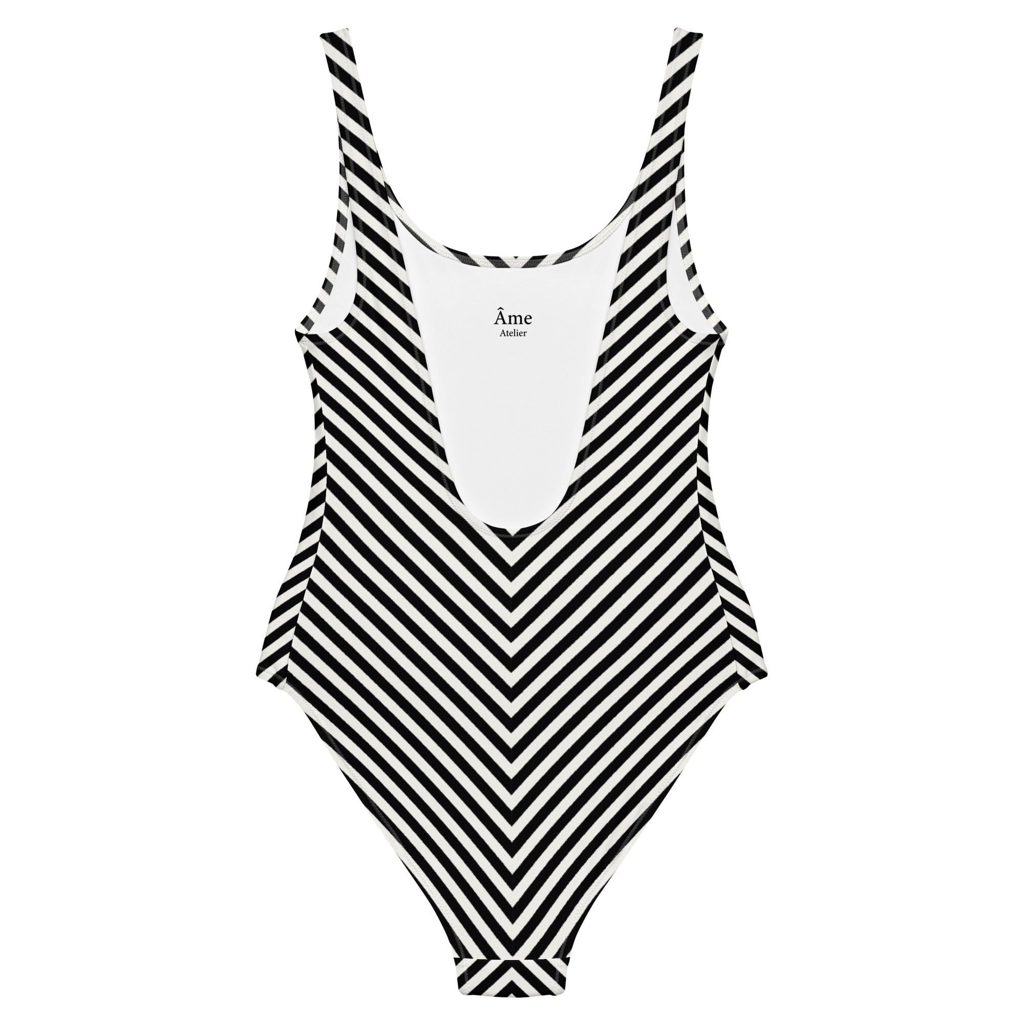 Back view of L'hypnotique striped swimsuit in black