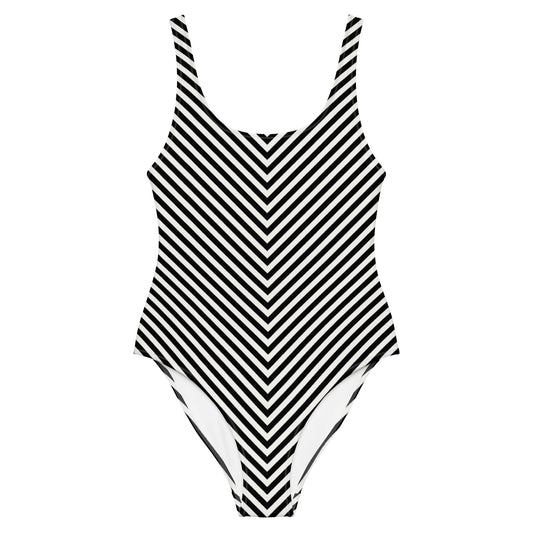 Front view of L'hypnotique striped swimsuit in black