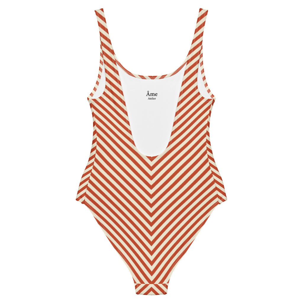 Back view of L'hypnotique striped swimsuit in terracotta