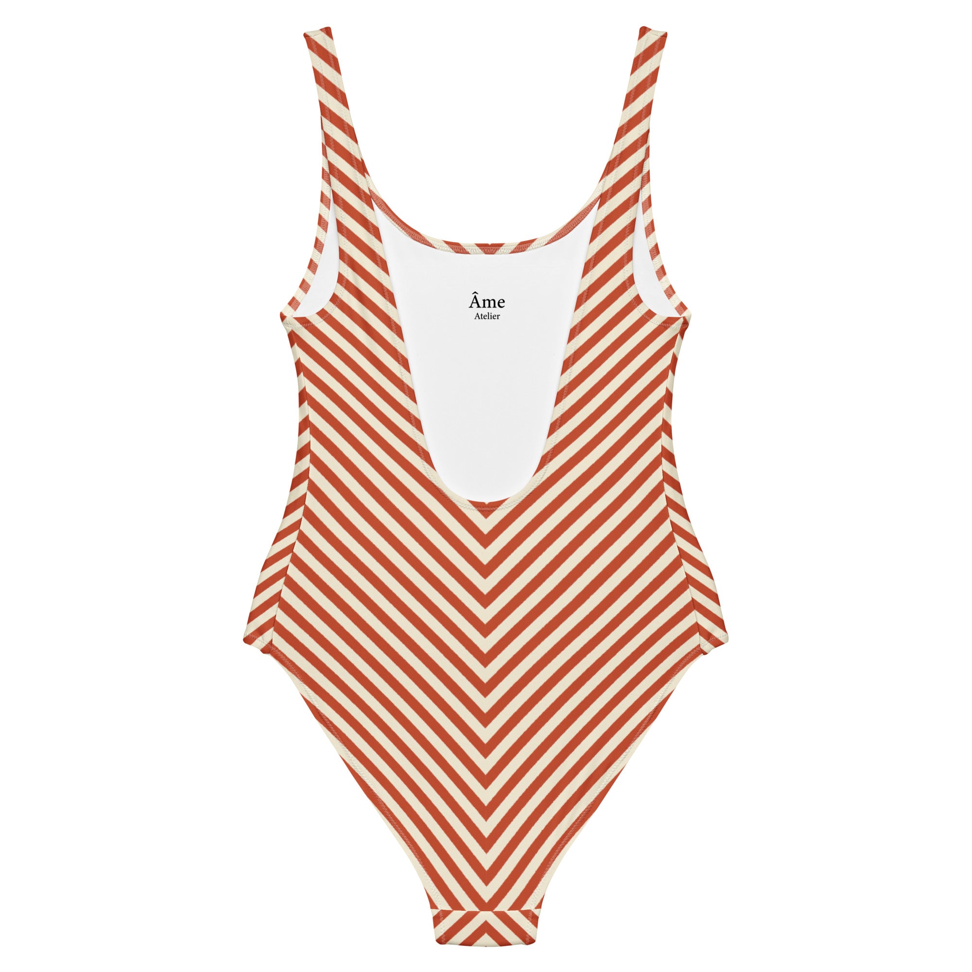 Back view of L'hypnotique striped swimsuit in terracotta