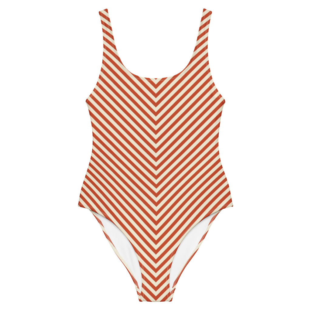 Front view of L'hypnotique striped swimsuit in terracotta
