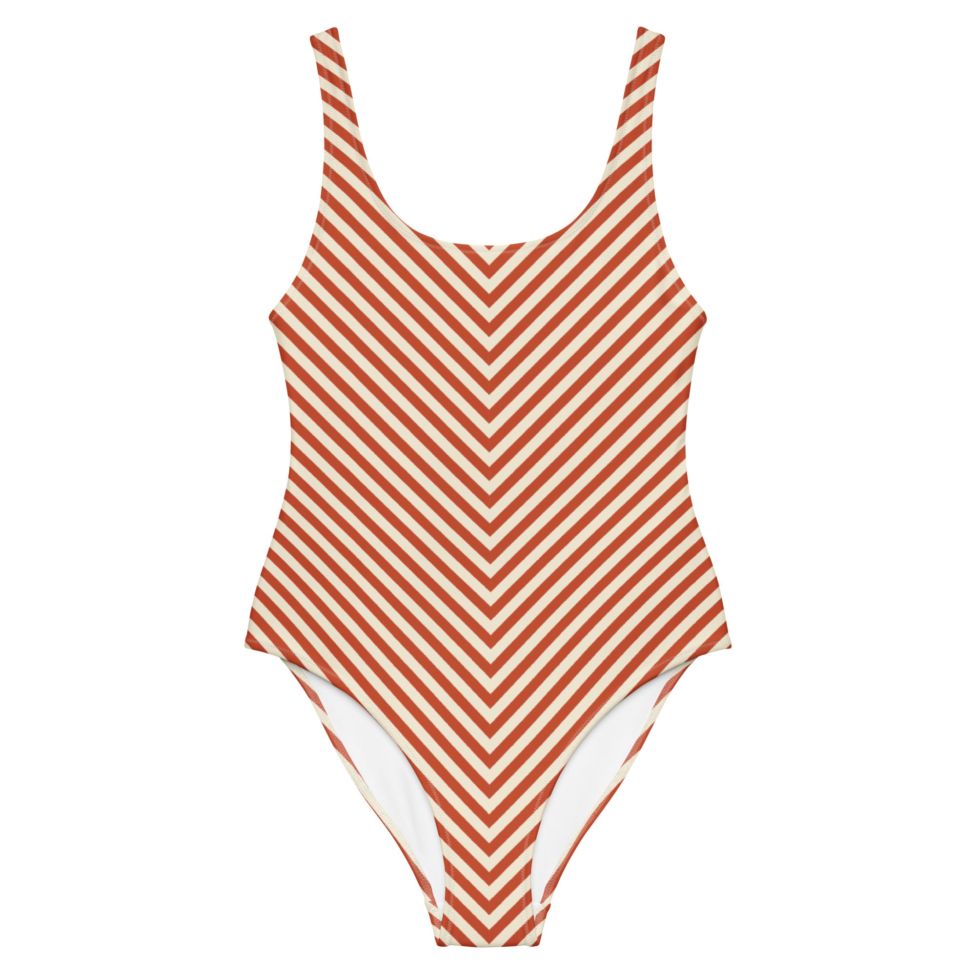 Front view of L'hypnotique striped swimsuit in terracotta