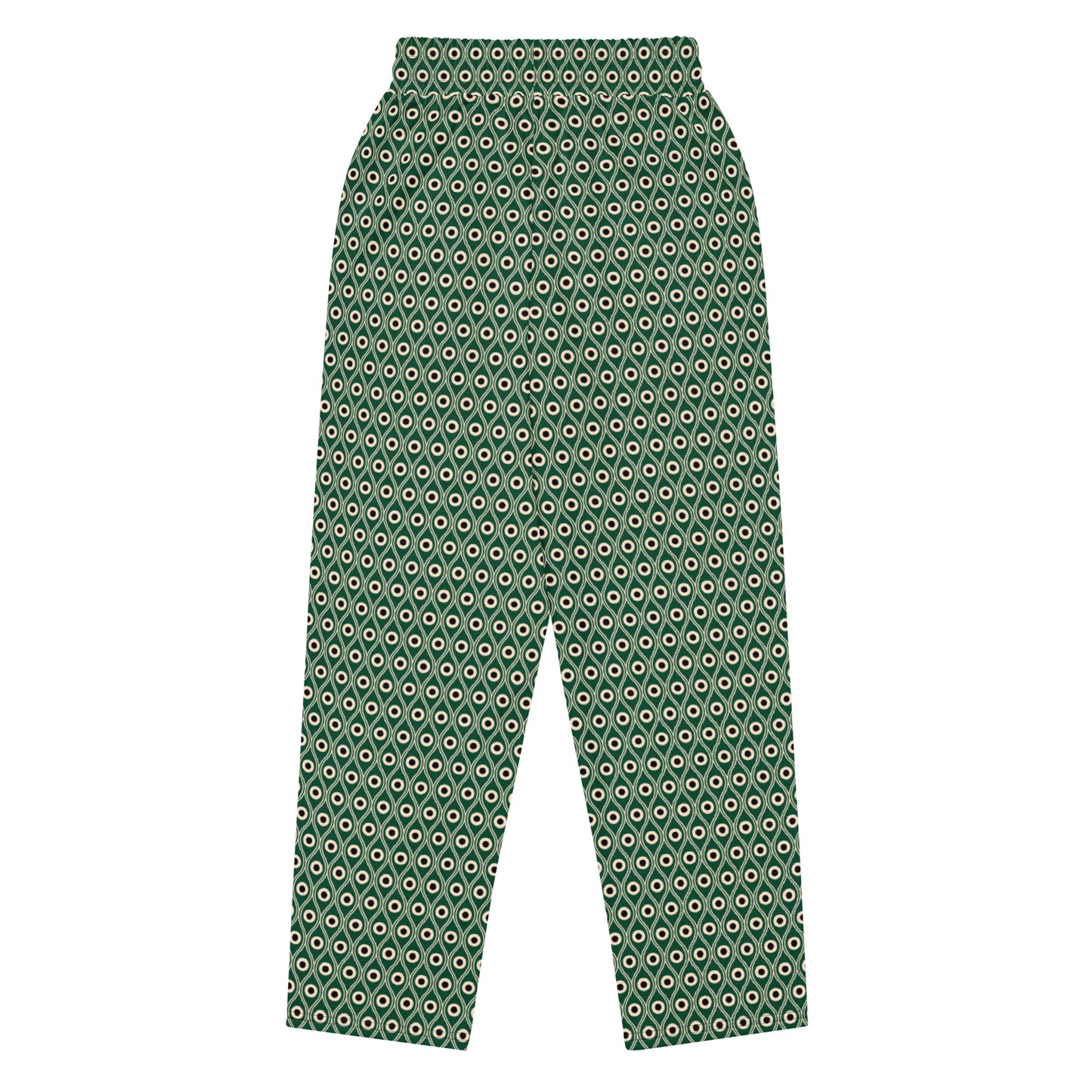 Back view of L'œil de paon pants in abyss green with peacock pattern
