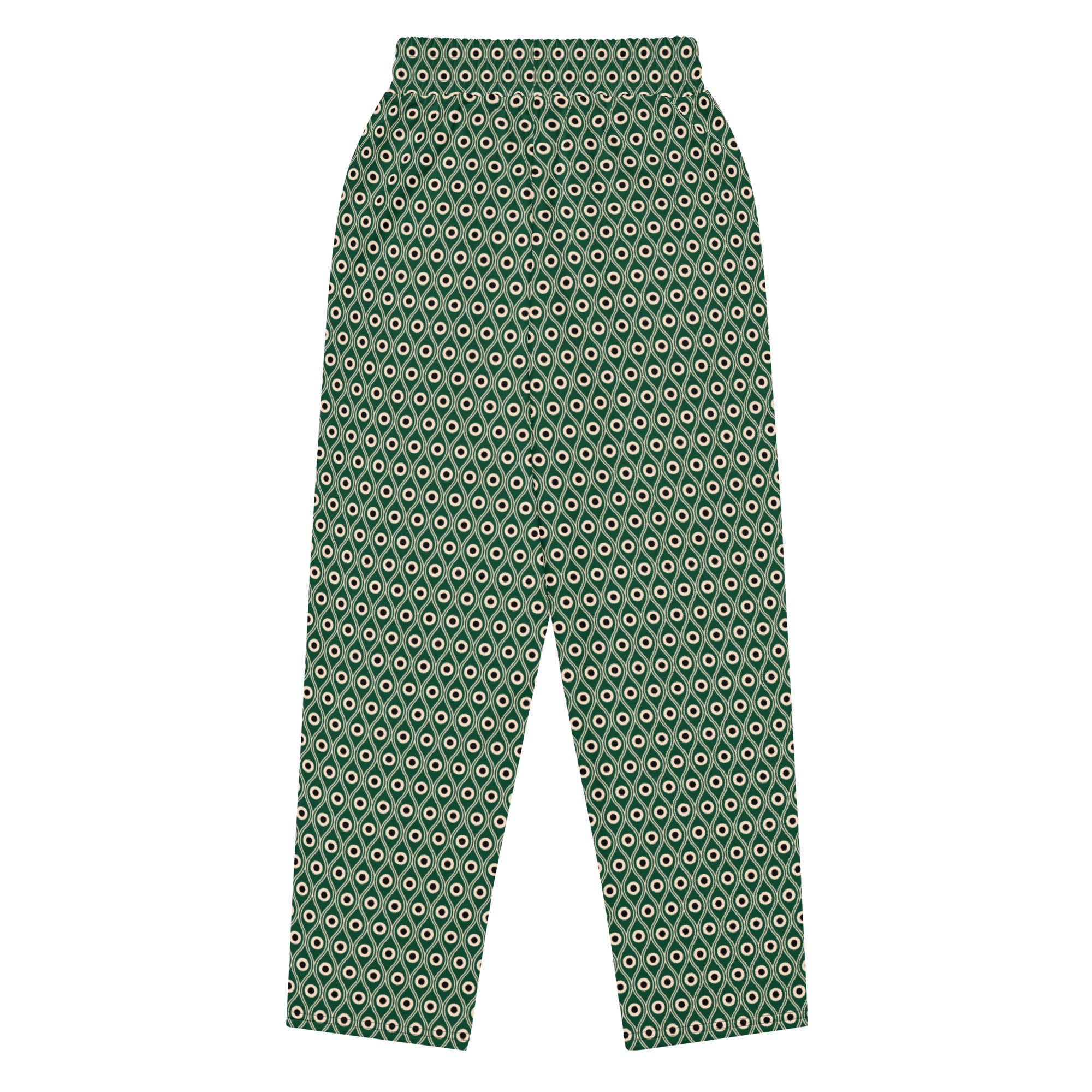 Back view of L'œil de paon pants in abyss green with peacock pattern