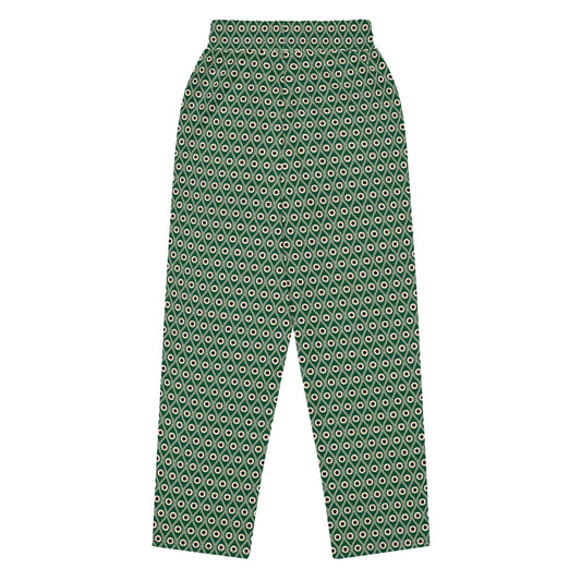 Back view of L'œil de paon pants in abyss green with peacock pattern