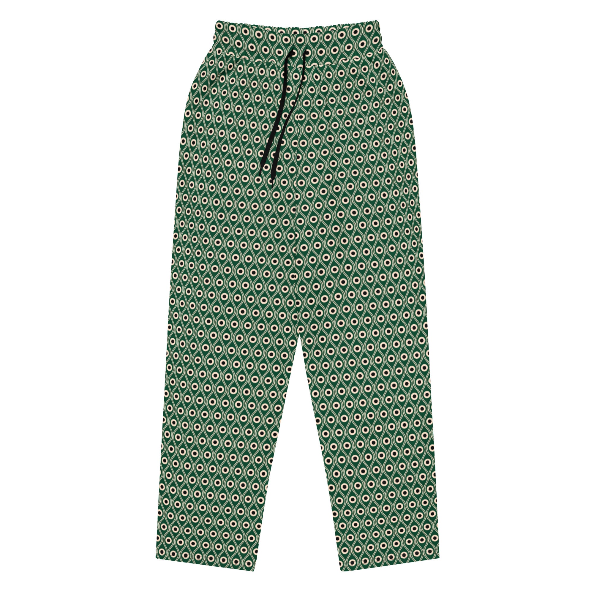 Front view of L'œil de paon pants in abyss green with peacock pattern