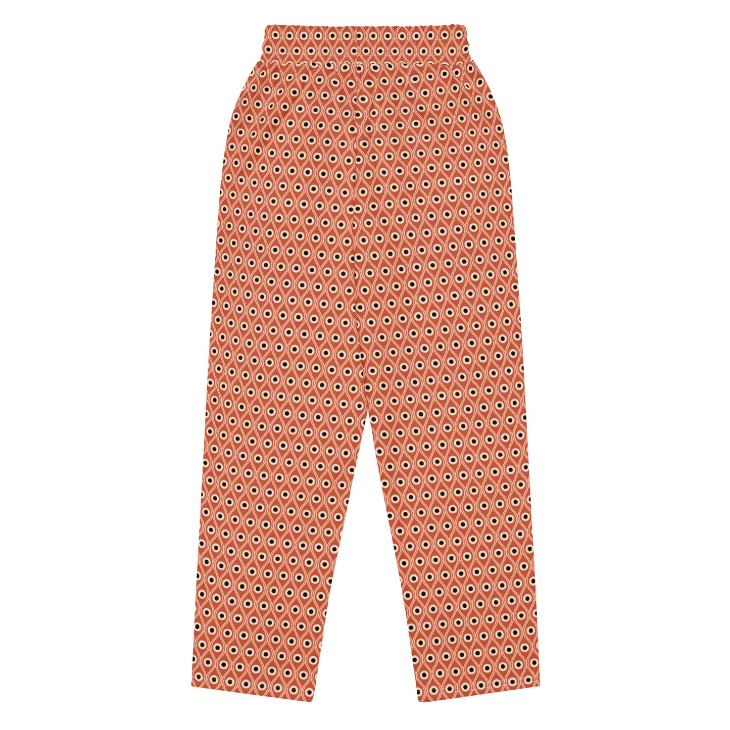 Back view of L'œil de paon pants in terracotta with peacock pattern